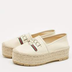 Gucci Off White Canvas Logo Platform Espadrille Flats Size 39.5
