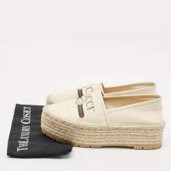 Gucci Off White Canvas Logo Platform Espadrille Flats Size 39.5