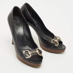 Gucci Black Leather Horsebit Peep Toe Platform Pumps Size 38