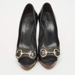 Gucci Black Leather Horsebit Peep Toe Platform Pumps Size 38