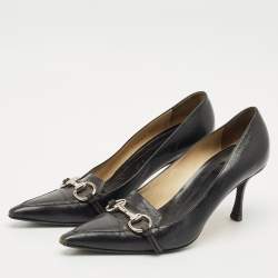 Gucci Black GG Leather Horsebit Pointed Toe Pumps Size 38.5