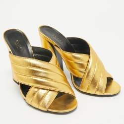 Gucci Metallic Gold Leather Webby Slide Sandals Size 39.5