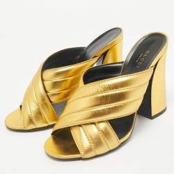 Gucci Metallic Gold Leather Webby Slide Sandals Size 39.5