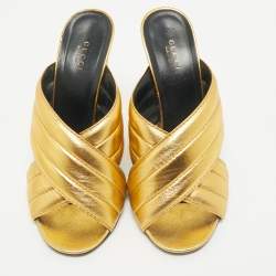 Gucci Metallic Gold Leather Webby Slide Sandals Size 39.5