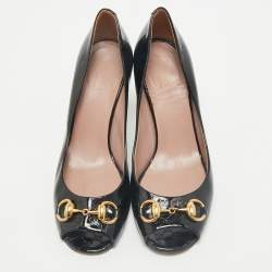 Gucci Black Micro Guccissima Patent Leather Horsebit Peep Toe Pumps Size 36.5
