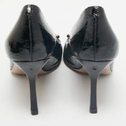 Gucci Black Micro Guccissima Patent Leather Horsebit Peep Toe Pumps Size 36.5