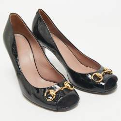 Gucci Black Micro Guccissima Patent Leather Horsebit Peep Toe Pumps Size 36.5