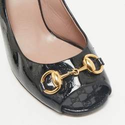 Gucci Black Micro Guccissima Patent Leather Horsebit Peep Toe Pumps Size 36.5