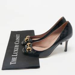 Gucci Black Micro Guccissima Patent Leather Horsebit Peep Toe Pumps Size 36.5
