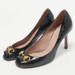 Gucci Black Micro Guccissima Patent Leather Horsebit Peep Toe Pumps Size 36.5