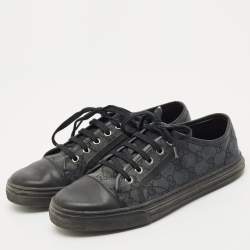 Gucci Black/Blue Leather And GG Canvas Cap Toe Low Top Sneakers Size 38.5