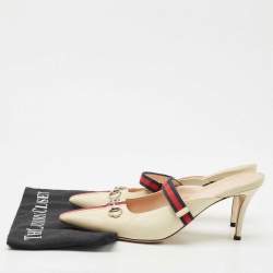 Gucci Cream/Red Leather Emma Web Strap Horsebit Mules Size 40.5
