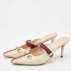 Gucci Cream/Red Leather Emma Web Strap Horsebit Mules Size 40.5