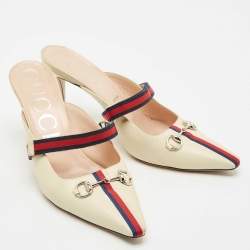 Gucci Cream/Red Leather Emma Web Strap Horsebit Mules Size 40.5