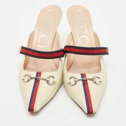 Gucci Cream/Red Leather Emma Web Strap Horsebit Mules Size 40.5