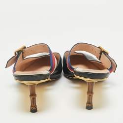 Pre Owned Gucci Black Leather Web Pointed Toe Bamboo Heel Mules Size 40.5