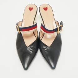 Pre Owned Gucci Black Leather Web Pointed Toe Bamboo Heel Mules Size 40.5