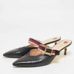 Pre Owned Gucci Black Leather Web Pointed Toe Bamboo Heel Mules Size 40.5
