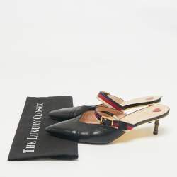 Pre Owned Gucci Black Leather Web Pointed Toe Bamboo Heel Mules Size 40.5
