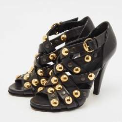 Gucci Black Leather Babouska Studded Criss Cross Open Toe Sandals Size 37