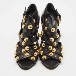 Gucci Black Leather Babouska Studded Criss Cross Open Toe Sandals Size 37