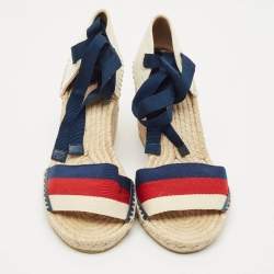 Gucci Multicolor Canvas Web Espadrille Wedge Ankle Wrap Sandals Size 37.5