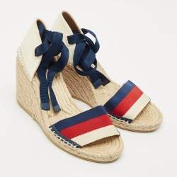 Gucci Multicolor Canvas Web Espadrille Wedge Ankle Wrap Sandals Size 37.5