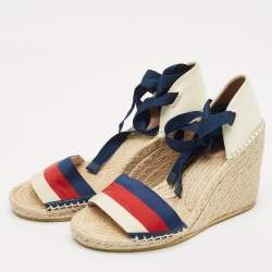 Gucci Multicolor Canvas Web Espadrille Wedge Ankle Wrap Sandals Size 37.5