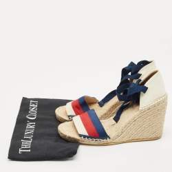 Gucci Multicolor Canvas Web Espadrille Wedge Ankle Wrap Sandals Size 37.5