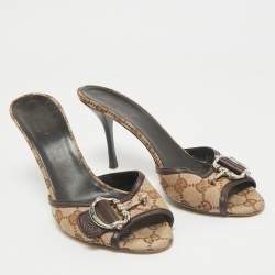 Gucci Beige GG Canvas and Leather Horsebit Mule Sandals Size 39