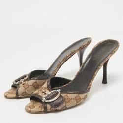 Gucci Beige GG Canvas and Leather Horsebit Mule Sandals Size 39