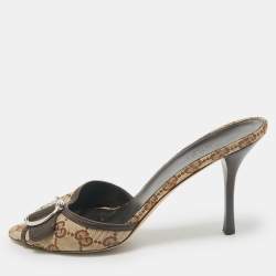 Gucci Beige GG Canvas and Leather Horsebit Mule Sandals Size 39