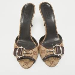 Gucci Beige GG Canvas and Leather Horsebit Mule Sandals Size 39