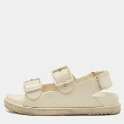 Gucci Off White Rubber Double G Logo Dusty Ankle Strap Flat Sandals Size 36