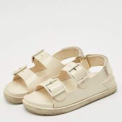 Gucci Off White Rubber Double G Logo Dusty Ankle Strap Flat Sandals Size 36