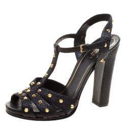 Gucci Black Studded Python Leather T-Strap Slingback Sandals Size 37.5
