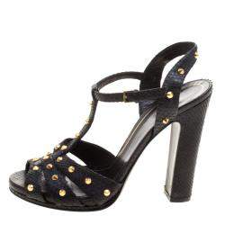Gucci Black Studded Python Leather T-Strap Slingback Sandals Size 37.5