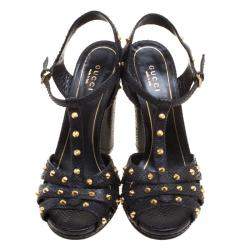 Gucci Black Studded Python Leather T-Strap Slingback Sandals Size 37.5