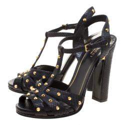 Gucci Black Studded Python Leather T-Strap Slingback Sandals Size 37.5