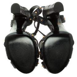 Gucci Black Studded Python Leather T-Strap Slingback Sandals Size 37.5