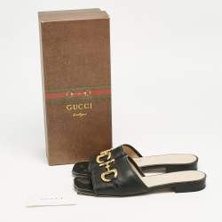 Gucci Black Leather Horsebit Flat Sandals Size 40