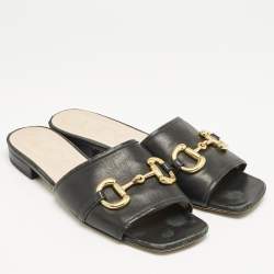 Gucci Black Leather Horsebit Flat Sandals Size 40