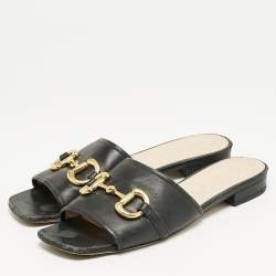 Gucci Black Leather Horsebit Flat Sandals Size 40
