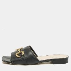 Gucci Black Leather Horsebit Flat Sandals Size 40