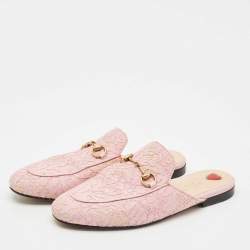 Gucci Pink Lace Princetown Flat Mules Size 38