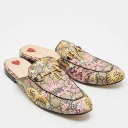 Gucci Beige Tiger Print GG Supreme Canvas Princetown Mules Size 39