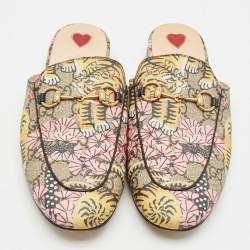 Gucci Beige Tiger Print GG Supreme Canvas Princetown Mules Size 39