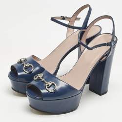 Gucci Blue Patent Leather Claudie Horsebit Platform Ankle Strap Sandals Size 39