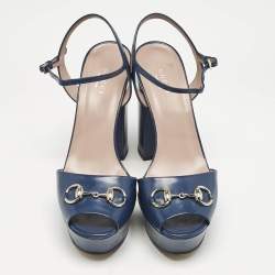 Gucci Blue Patent Leather Claudie Horsebit Platform Ankle Strap Sandals Size 39