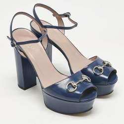 Gucci Blue Patent Leather Claudie Horsebit Platform Ankle Strap Sandals Size 39